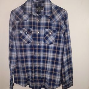 Men's Western Express Blue plaid pearl snap Large